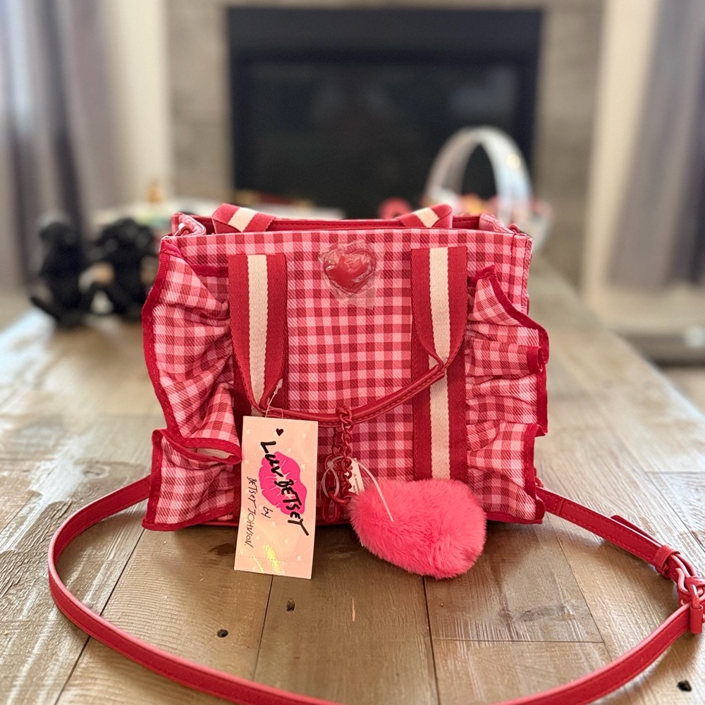 Betsey Johnson Pink Gingham Ruffle Tote with Pom Pom